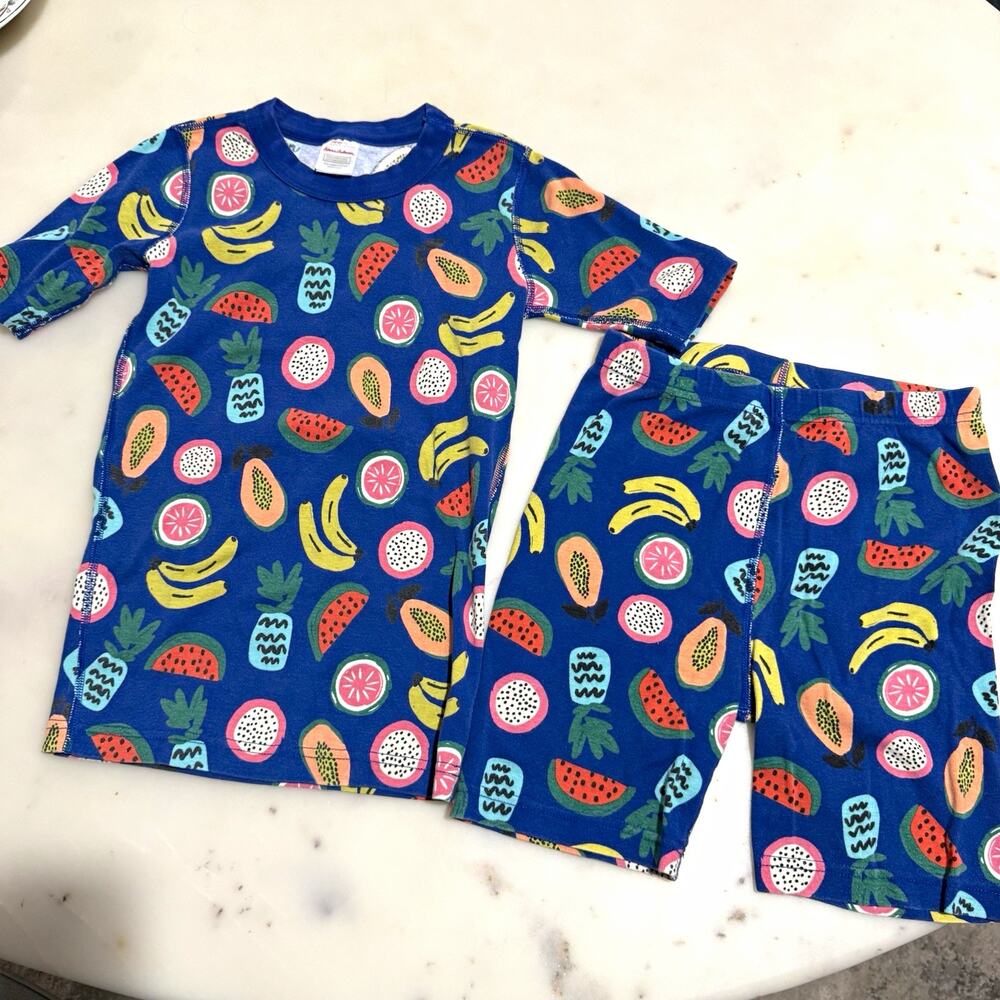 Hanna Andersson Girls Pajama Set 150 12 Blue Fruit 2-Piece Cotton Short Sleeve